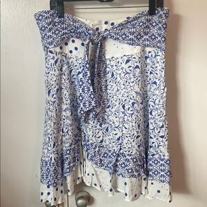 Maeve by Anthropologie Blue and White A-Line Skirt with Ruffle trim accent